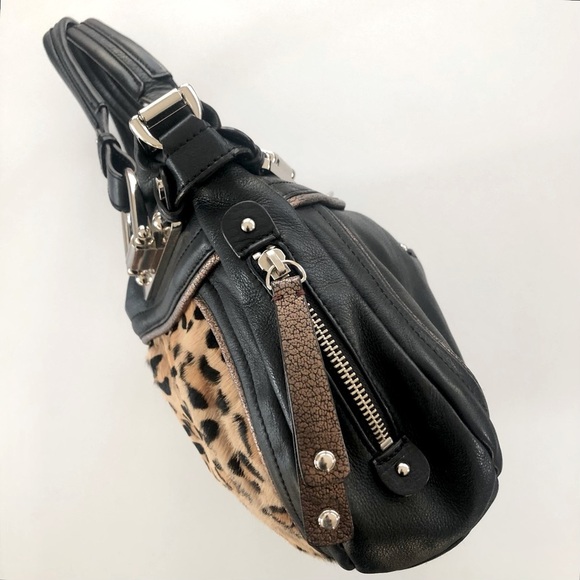 B. Makowsky Black Leather & Leopard Calf Hair Satchel Handbag - Picture 6 of 15